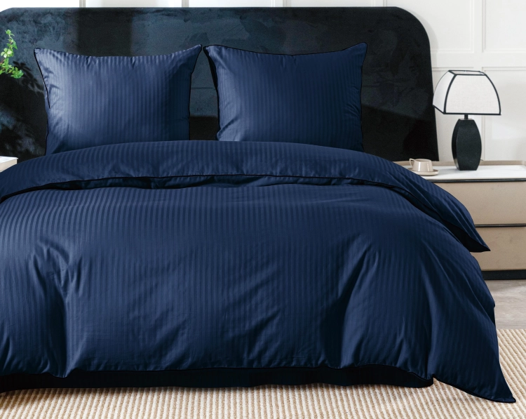 Granatowa bawełniana pościel hotelowa adamaszek z bizą 140x200 Mariot