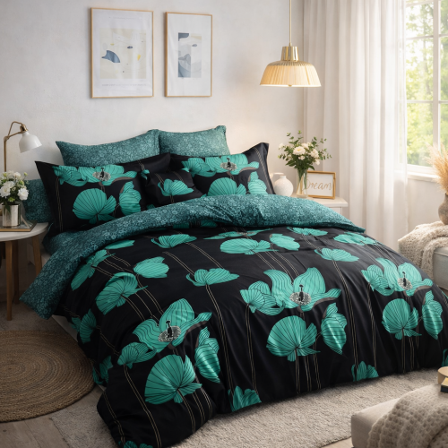 Czarna dwustronna pościel w Zielone Liście Lotus 200x220