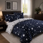 Granatowa dwustronna pościel w gwiazdozbiór Galaxy Night 160x200 z prześcieradłem 