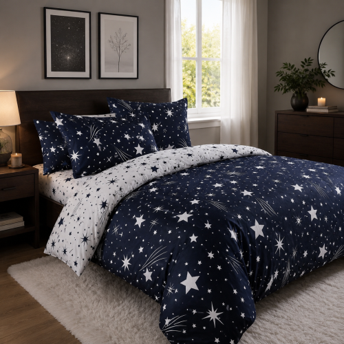 Granatowa dwustronna pościel w gwiazdozbiór Galaxy Night 160x200 z prześcieradłem