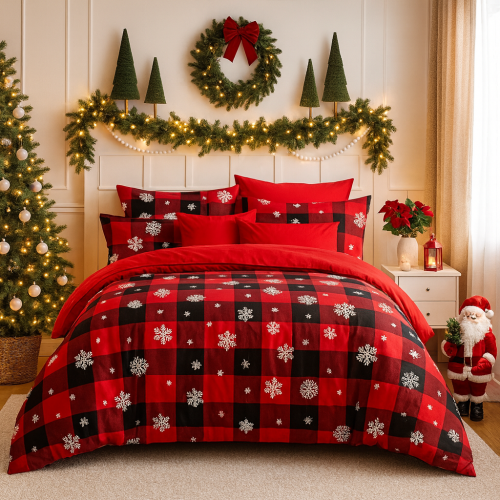 Czerwona pościel świąteczna w kratę i śnieżynki 160x200