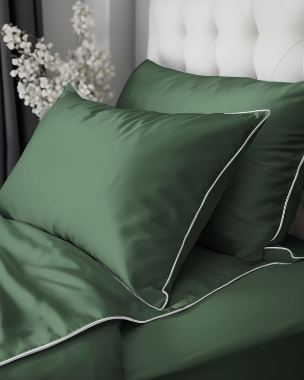 Ekskluzywna zielona pościel hotelowa z makosatyny z bizą 200x220