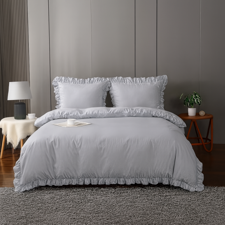 Elegancka pościel glamour w falbanki jasny szary 200x220