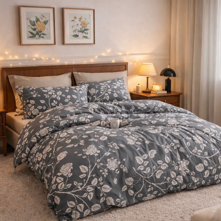 Bawełniana dwustronna pościel w kwiaty grafitowa 200x220