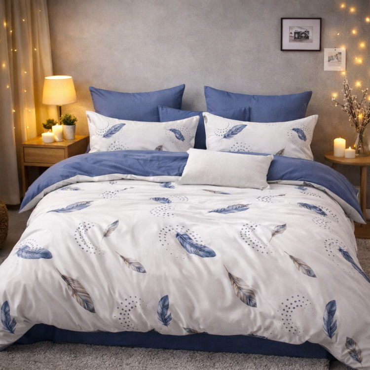 Biało niebieska dwustronna pościel w piórka 160x200
