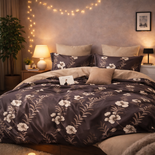 Grafitowa dwustronna pościel w kwiaty 200x220