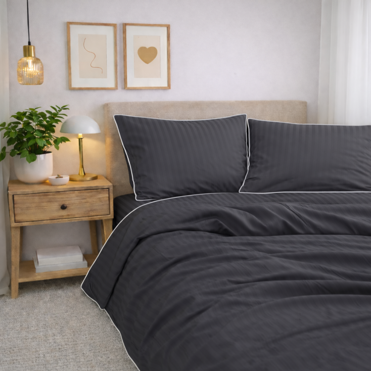 Grafitowa pościel hotelowa w pasy z białą bizą 200x220 Luna