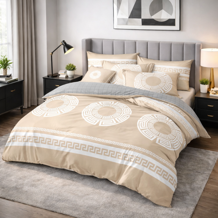 Beżowa dwustronna pościel w grecki wzór 200x220
