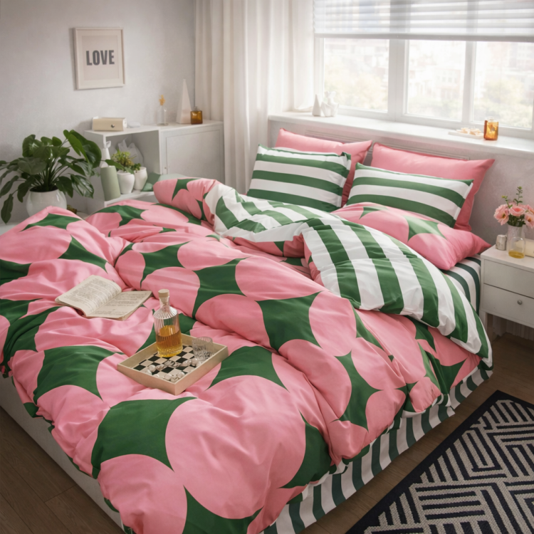 Różowa dwustronna pościel młodzieżowa geometryczna 200x220