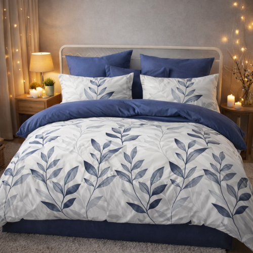 Biało niebieska dwustronna pościel w listki 160x200