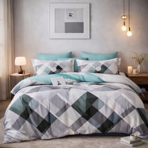 Szaro turkusowa dwustronna pościel w romby 200x220