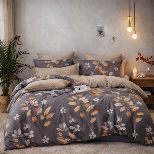 Szaro beżowa dwustronna pościel w listki 200x220