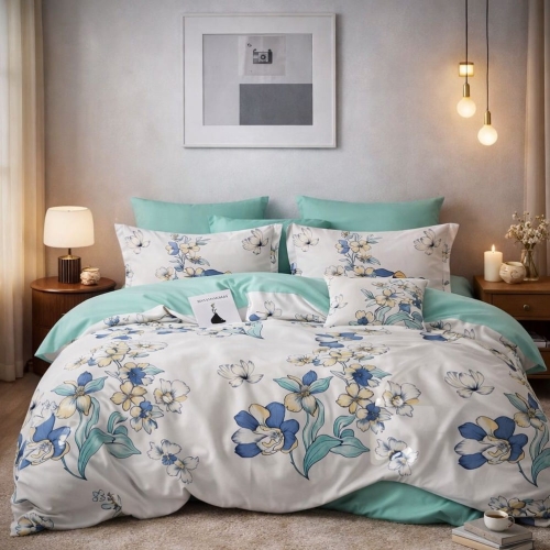 Biało miętowa dwustronna pościel w kwiaty 200x220