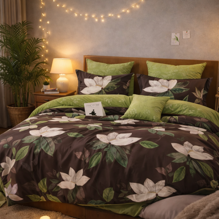 Grafitowa dwustronna pościel w białe kwiaty 160x200 z prześcieradłem