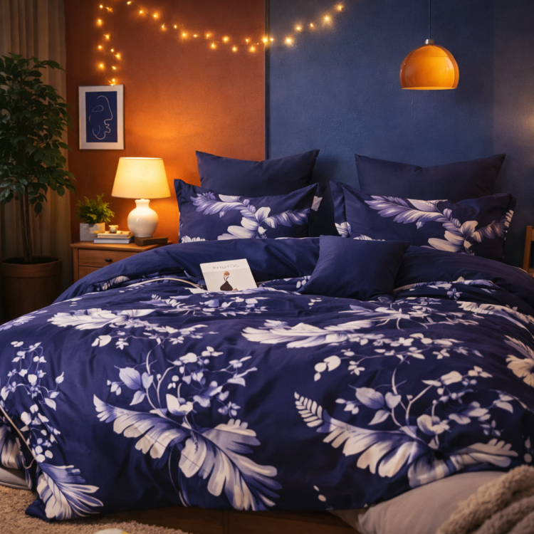 Granatowa dwustronna pościel w kwiaty 160x200 z prześcieradłem