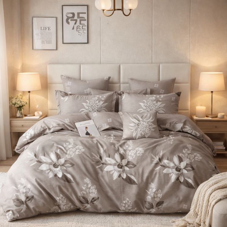 Szara dwustronna pościel w kwiaty 200x220