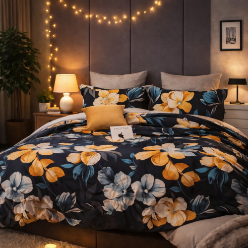 Granatowa dwustronna pościel w kwiaty 160x200 z prześcieradłem