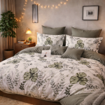 Biała dwustronna pościel w liście 160x200 z prześcieradłem   