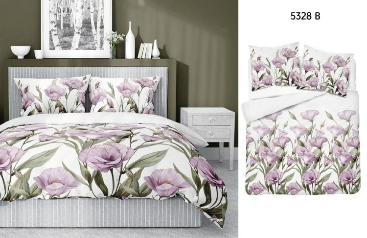 Bawełniana pościel 220×200 fioletowe kwiaty na białym tle 5328B Home Satin