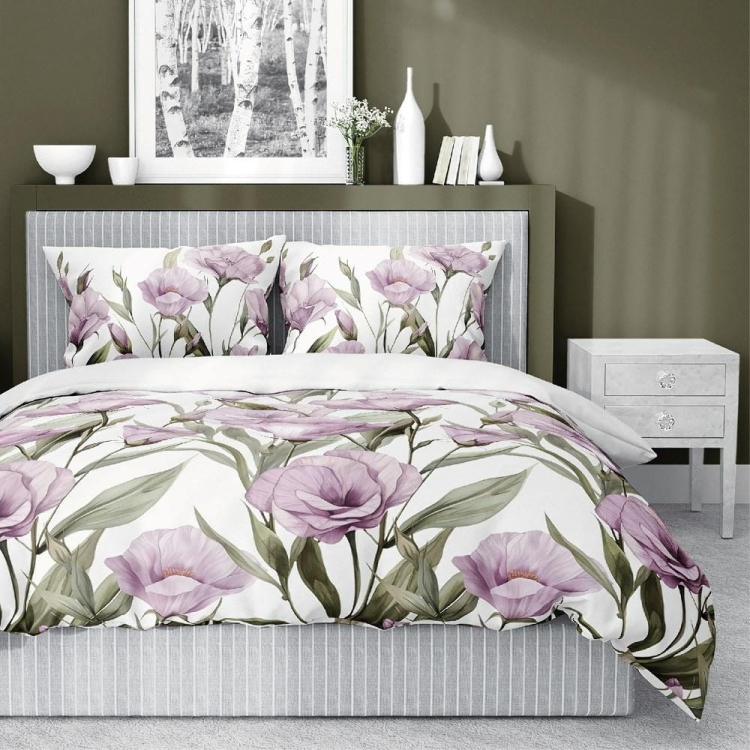 Bawełniana pościel 220×200 fioletowe kwiaty na białym tle 5328B Home Satin