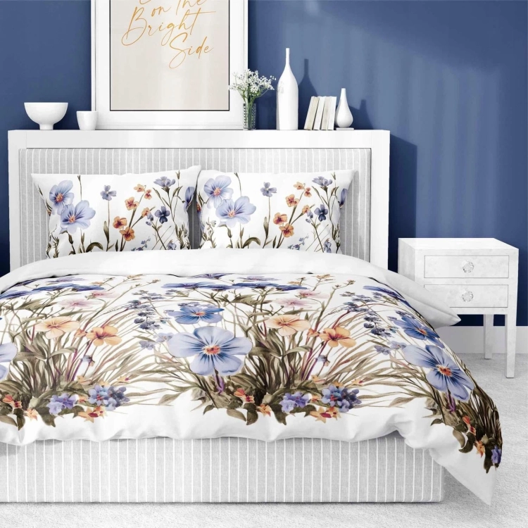 Bawełniana pościel 220×200 biała w niebieska łąkę 5537B Home Satin