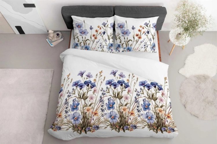 Bawełniana pościel 220×200 biała w niebieska łąkę 5537B Home Satin