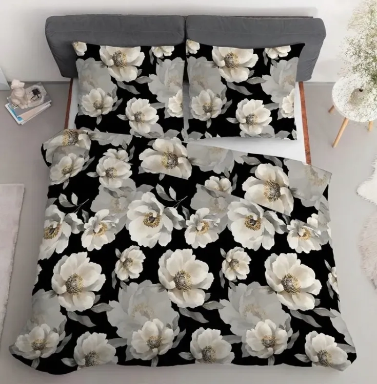 Bawełniana pościel 220×200 czarna w kwiaty 5840A Home Satin