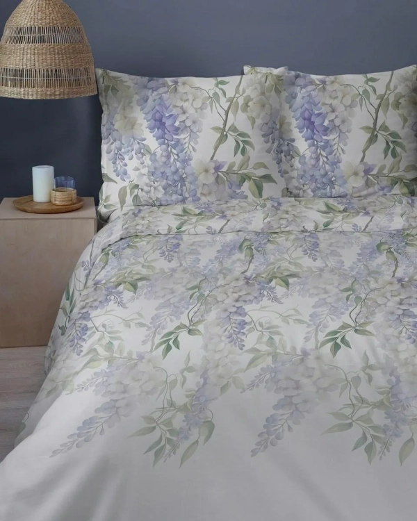 Bawełniana pościel 160×200 białą w niebieskie wiszące kwiaty 5810A Home Satin