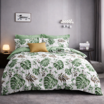 Biała dwustronna pościel w zielone monstery 160x200 z prześcieradłem  