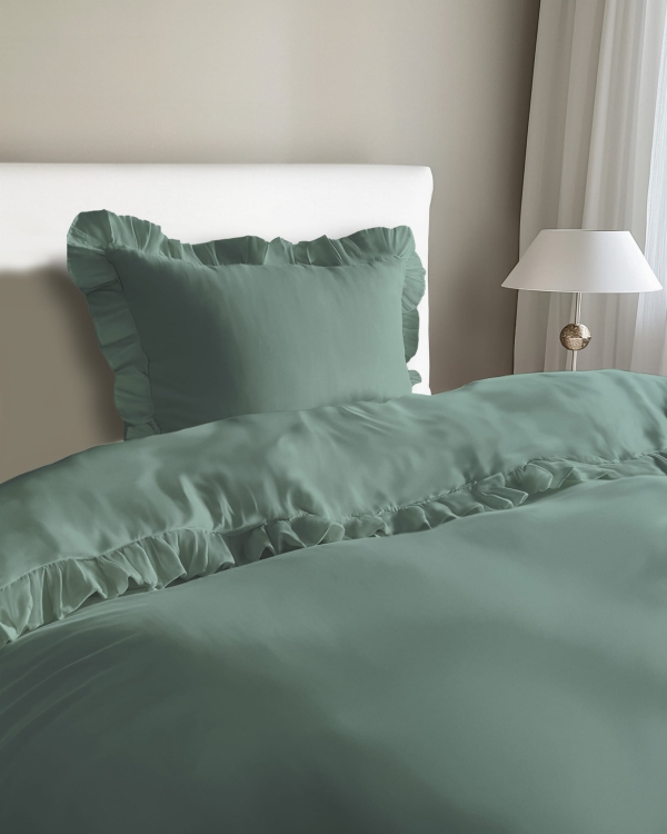 Miętowa bawełniana pościel z falbaną 140x200