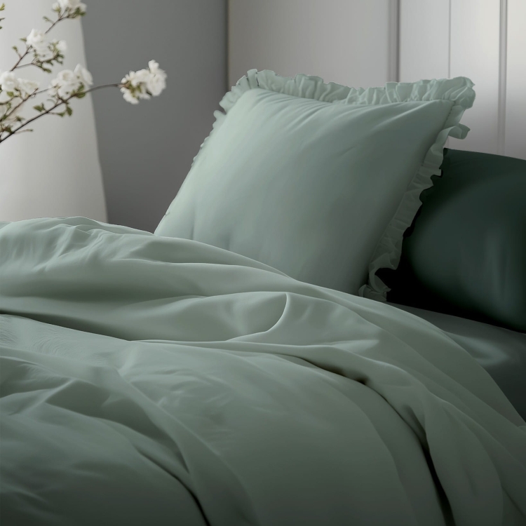 Miętowa bawełniana pościel z falbaną 140x200