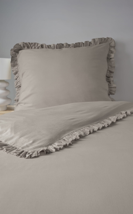 Taupe bawełniana pościel z falbaną 140x200