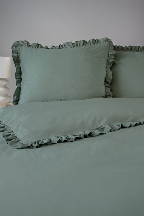 Miętowa bawełniana pościel z falbaną 160x200