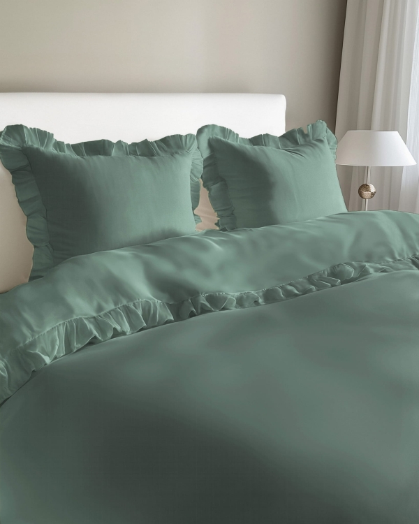 Miętowa bawełniana pościel z falbaną 160x200