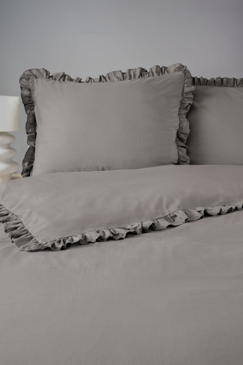 Ciepło szara bawełniana pościel z falbaną 160x200