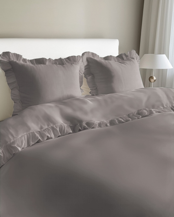Ciepło szara bawełniana pościel z falbaną 160x200