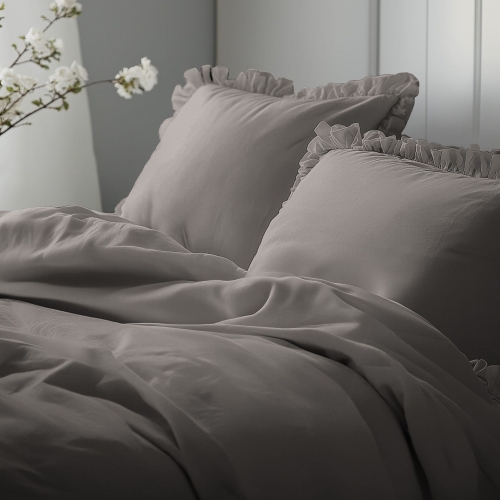 Ciepło szara bawełniana pościel z falbaną 160x200