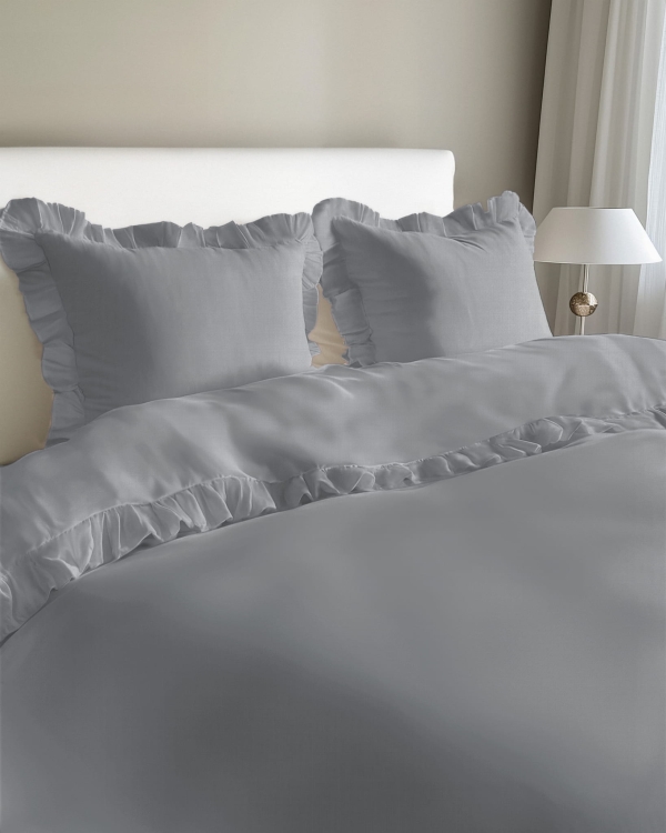 Jasno szara bawełniana pościel z falbaną 220x200