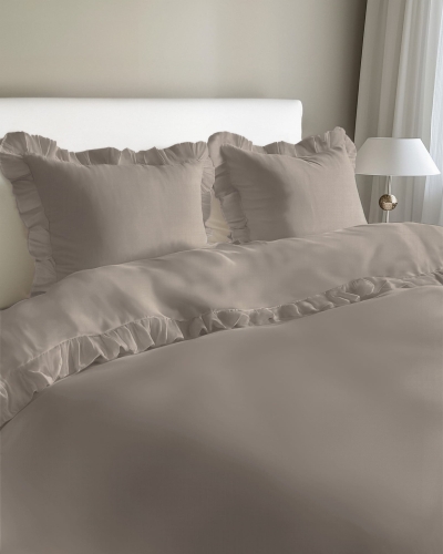 Taupe bawełniana pościel z falbaną 220x200