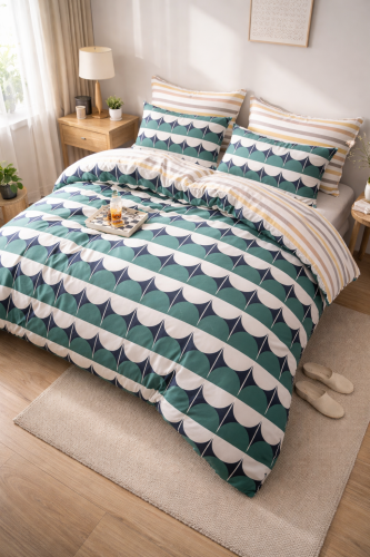 Pościel młodzieżowa 200x220 – geometryczna zielono-biały nowoczesny wzór