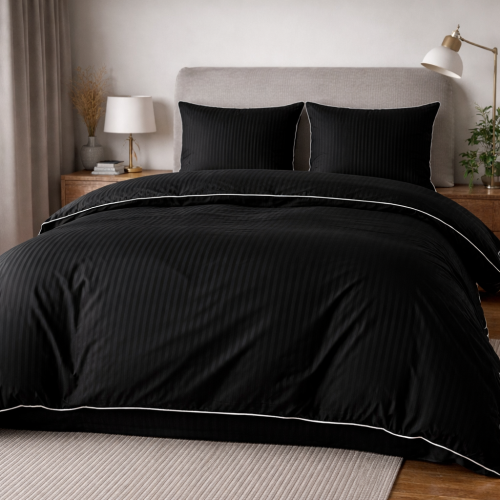 Czarna bawełniana pościel hotelowa adamaszek z bizą 160x200 Mariot