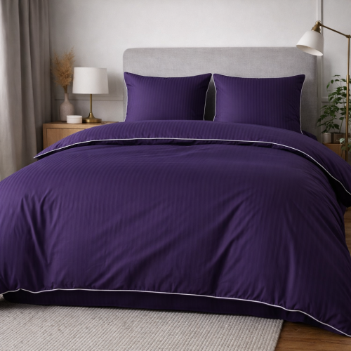 Śliwkowa bawełniana pościel hotelowa adamaszek z białą bizą 140x200 Mariot