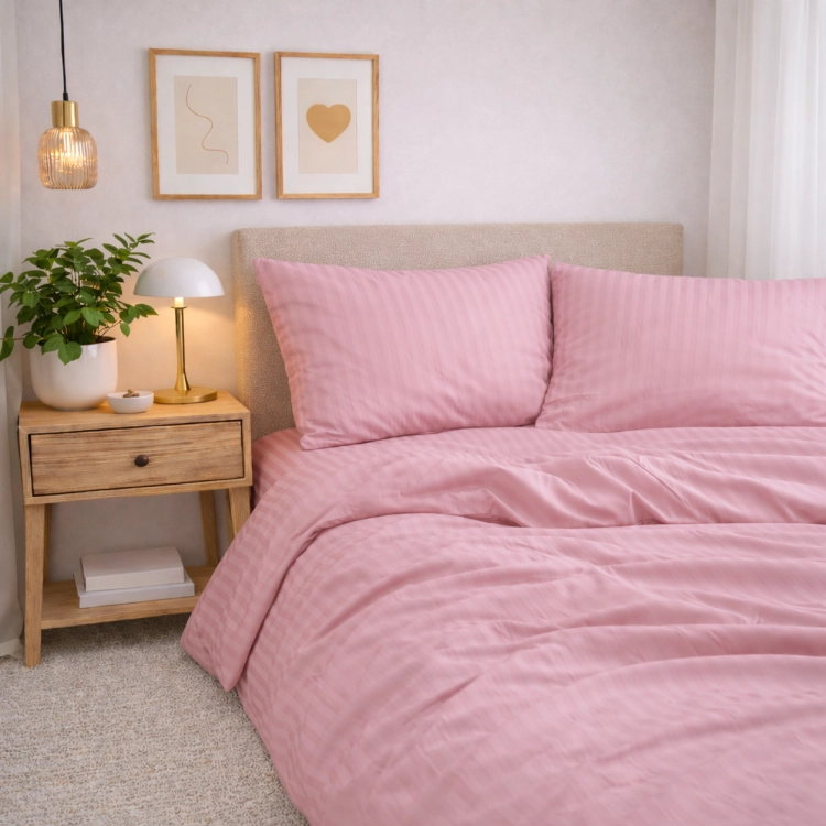 Różowa pościel hotelowa w pasy z prześcieradłem 160x200 Luna